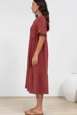 Madalena Midi Dress - Mandarin Collar Buttoned Bodice Smock Dress in Terracotta><noscript><img width=