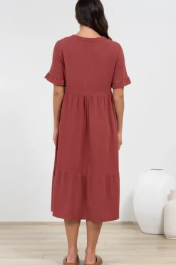 Madalena Midi Dress - Mandarin Collar Buttoned Bodice Smock Dress in Terracotta><noscript><img width=