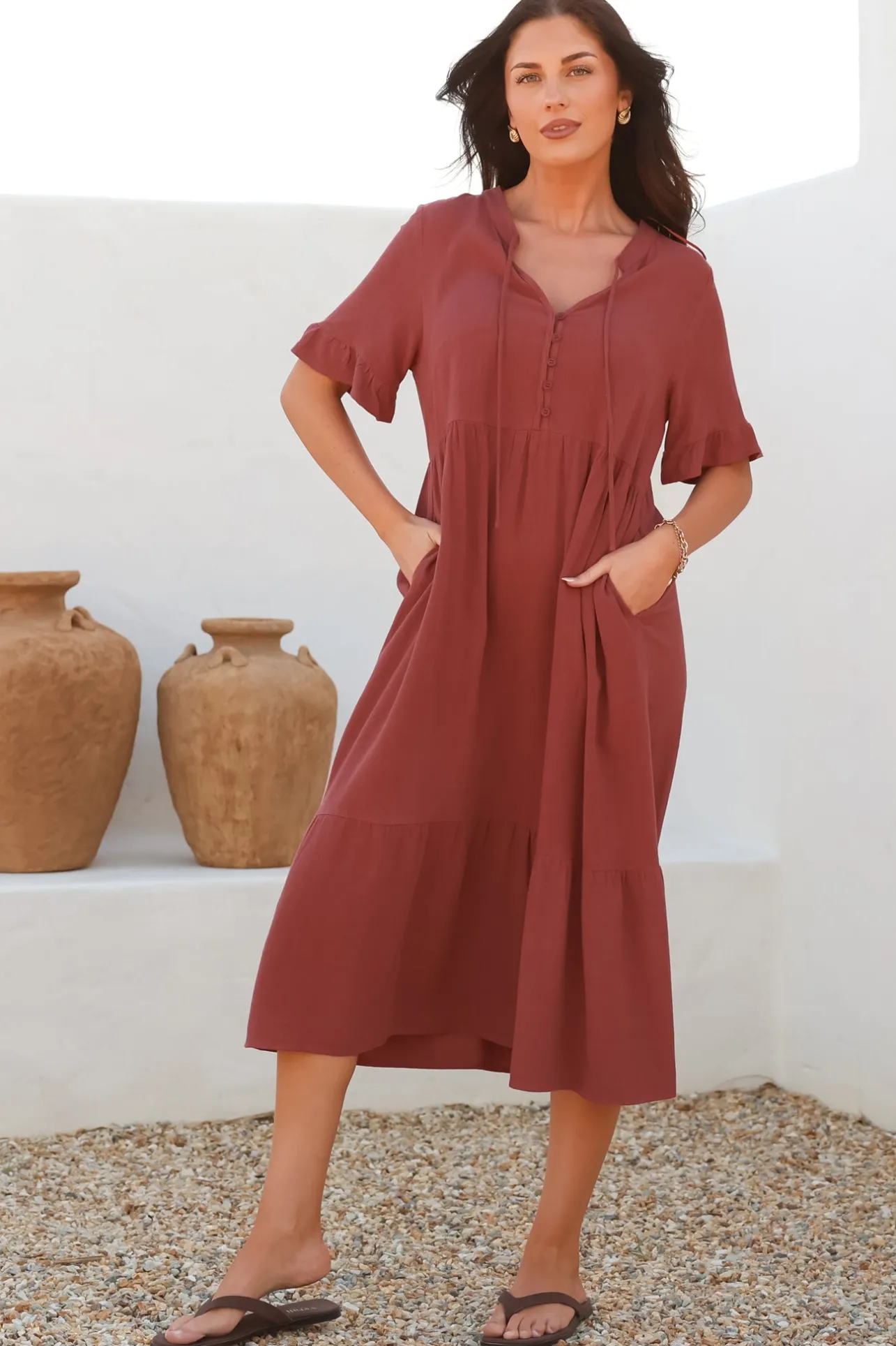 Madalena Midi Dress - Mandarin Collar Buttoned Bodice Smock Dress in Terracotta>Salty Crush