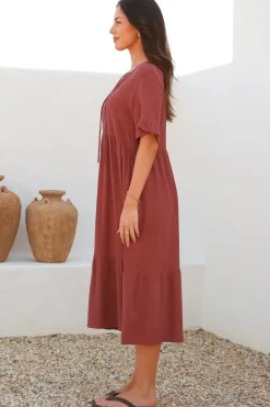 Madalena Midi Dress - Mandarin Collar Buttoned Bodice Smock Dress in Terracotta><noscript><img width=