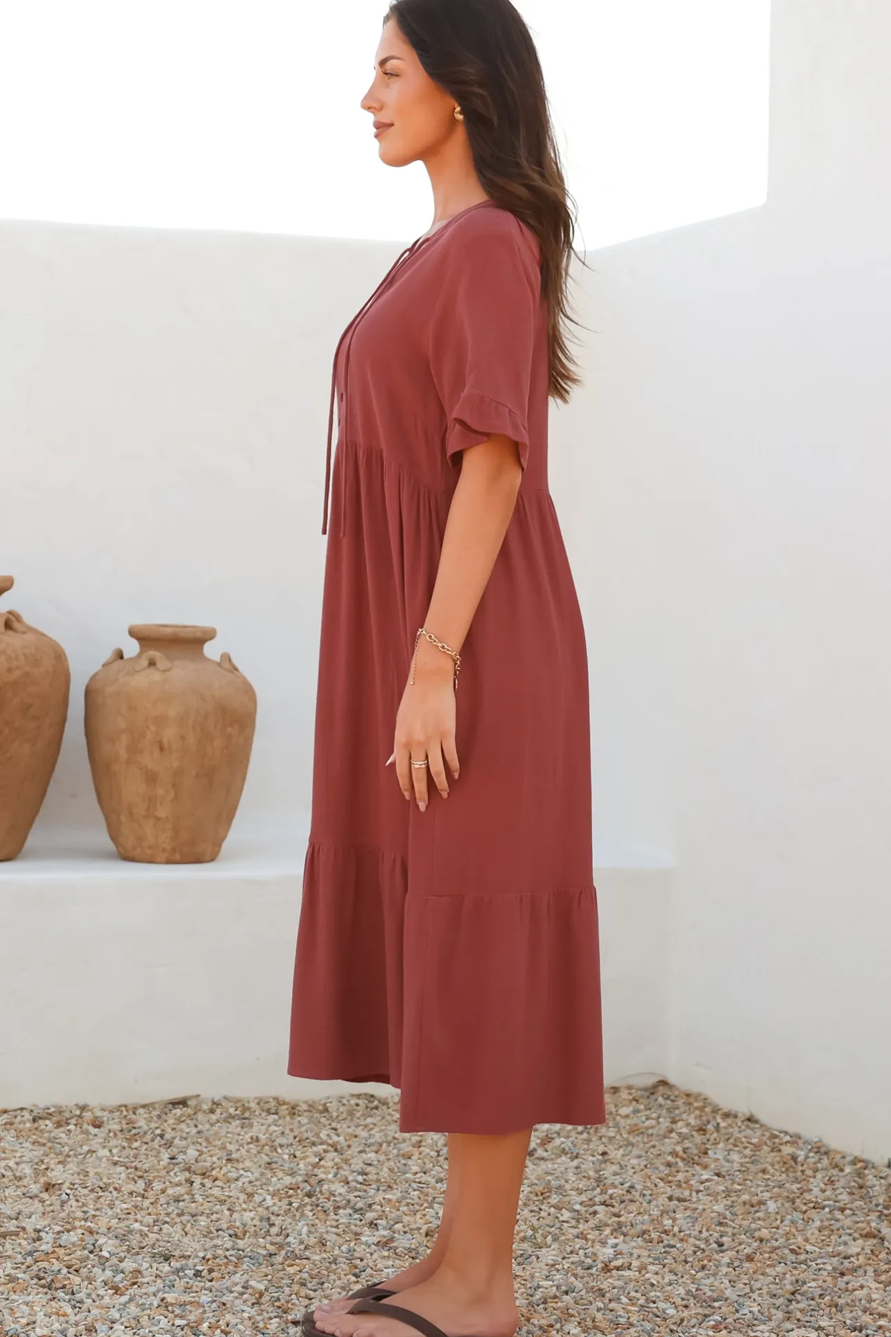 Madalena Midi Dress - Mandarin Collar Buttoned Bodice Smock Dress in Terracotta>Salty Crush