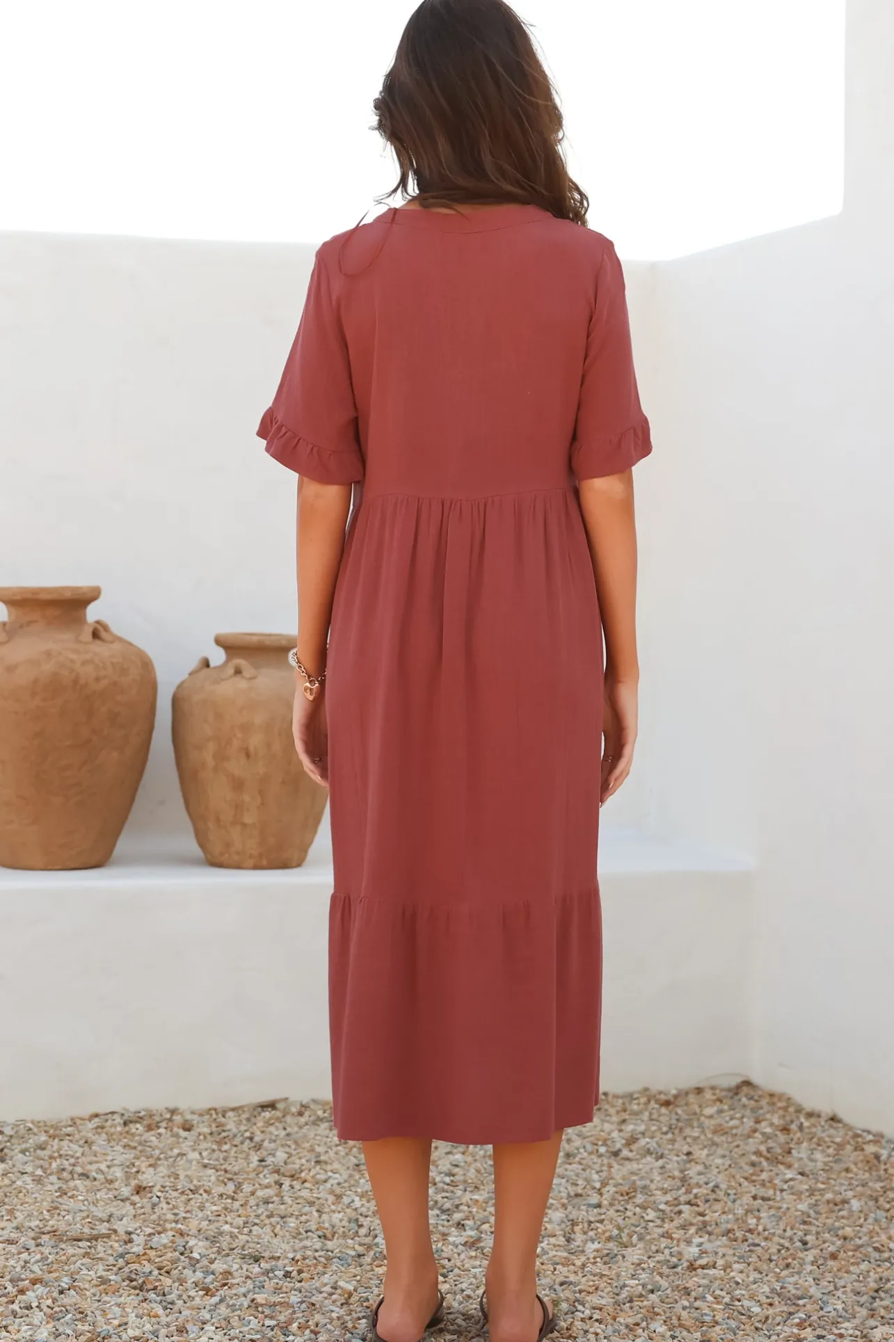 Madalena Midi Dress - Mandarin Collar Buttoned Bodice Smock Dress in Terracotta>Salty Crush