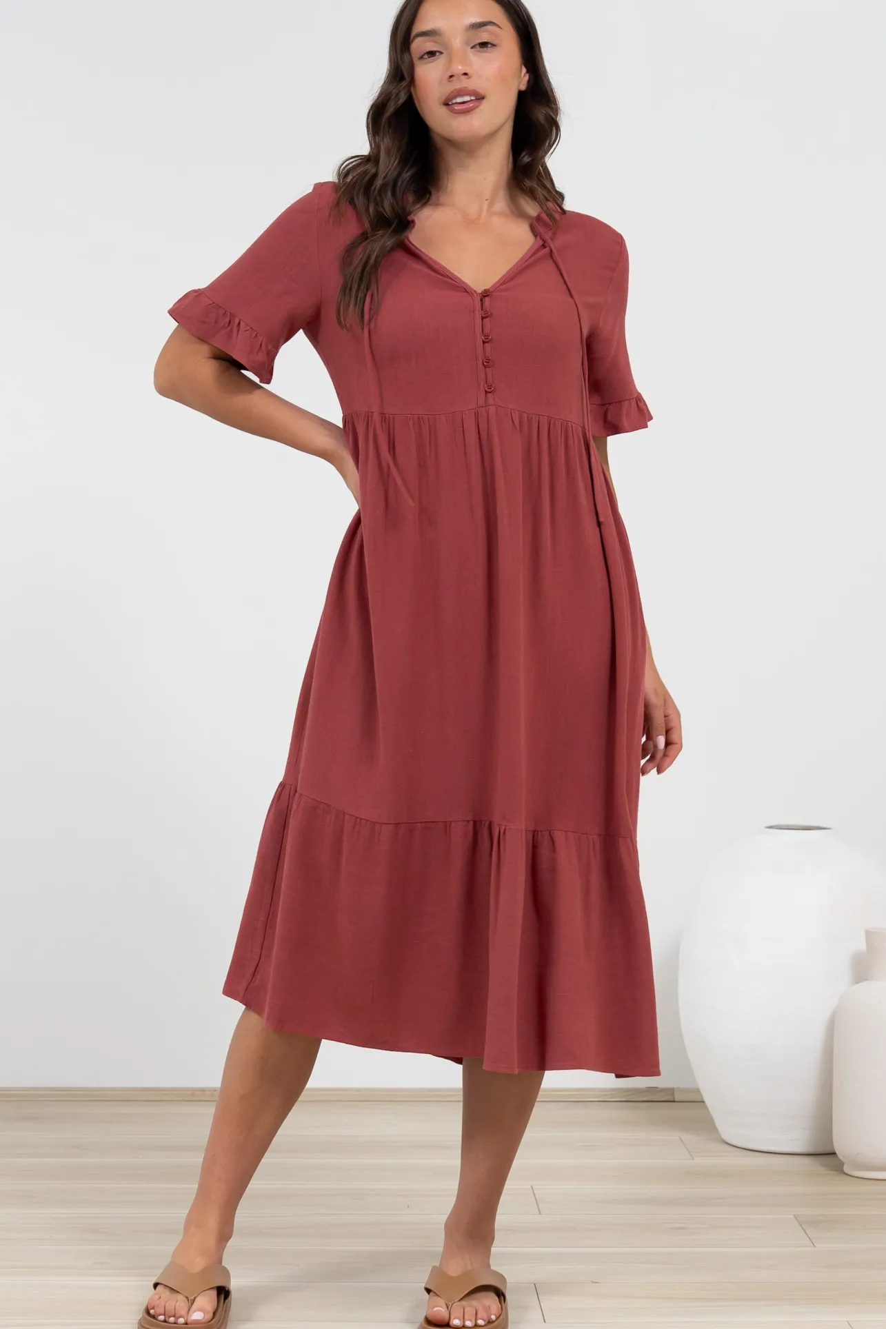 Madalena Midi Dress - Mandarin Collar Buttoned Bodice Smock Dress in Terracotta>Salty Crush