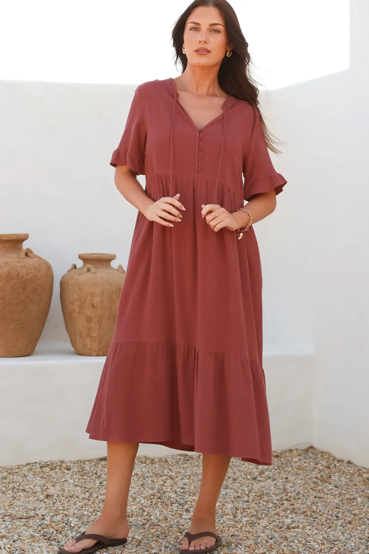 Madalena Midi Dress - Mandarin Collar Buttoned Bodice Smock Dress in Terracotta>Salty Crush