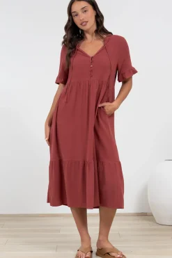 Madalena Midi Dress - Mandarin Collar Buttoned Bodice Smock Dress in Terracotta><noscript><img width=