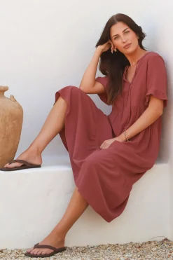 Madalena Midi Dress - Mandarin Collar Buttoned Bodice Smock Dress in Terracotta><noscript><img width=