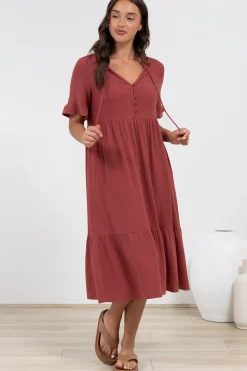Madalena Midi Dress - Mandarin Collar Buttoned Bodice Smock Dress in Terracotta><noscript><img width=
