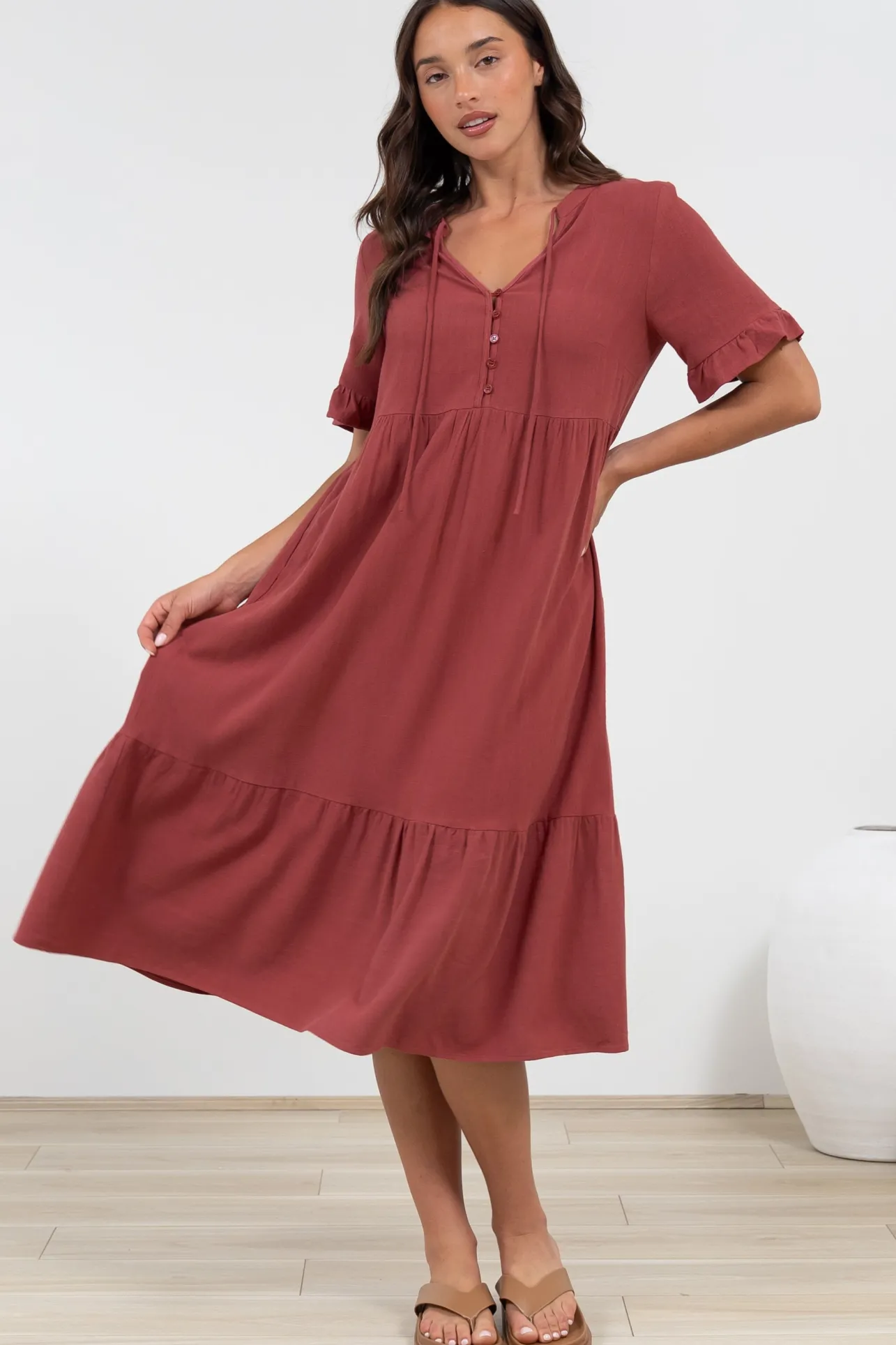 Madalena Midi Dress - Mandarin Collar Buttoned Bodice Smock Dress in Terracotta>Salty Crush