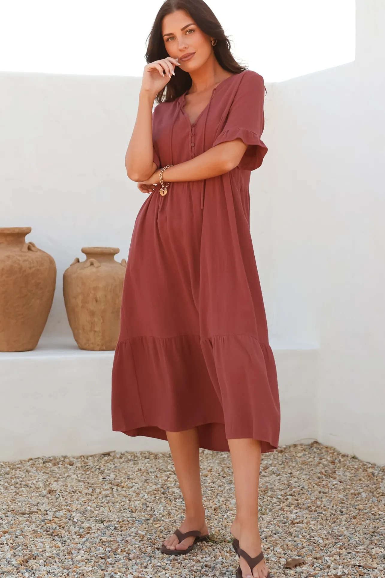 Madalena Midi Dress - Mandarin Collar Buttoned Bodice Smock Dress in Terracotta>Salty Crush
