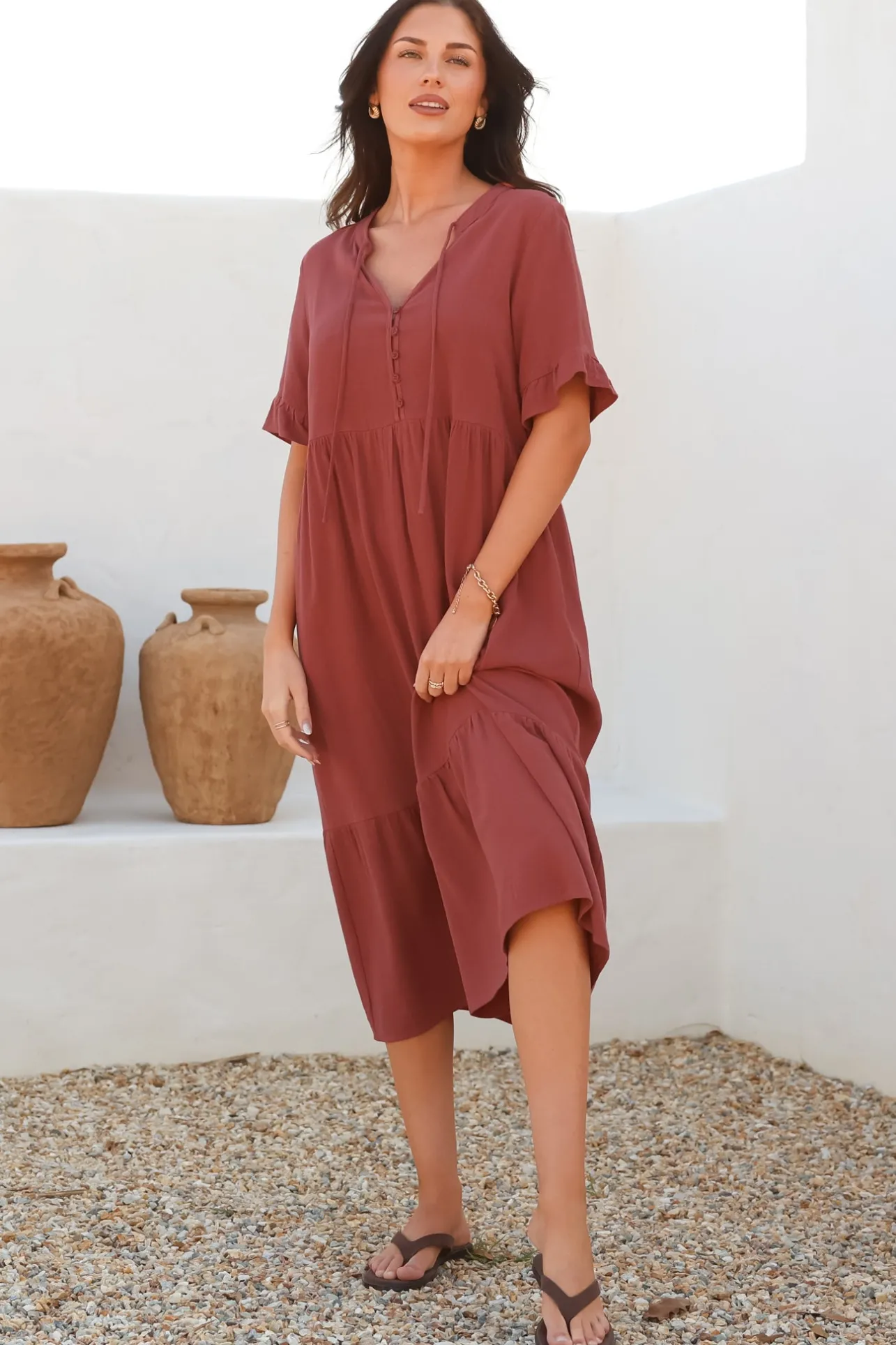 Madalena Midi Dress - Mandarin Collar Buttoned Bodice Smock Dress in Terracotta>Salty Crush