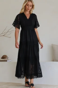 Madeline Maxi Dress - Lace Trim Embroidered A Line Dress in Black><noscript><img width=