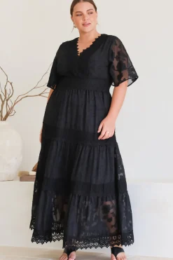 Madeline Maxi Dress - Lace Trim Embroidered A Line Dress in Black><noscript><img width=