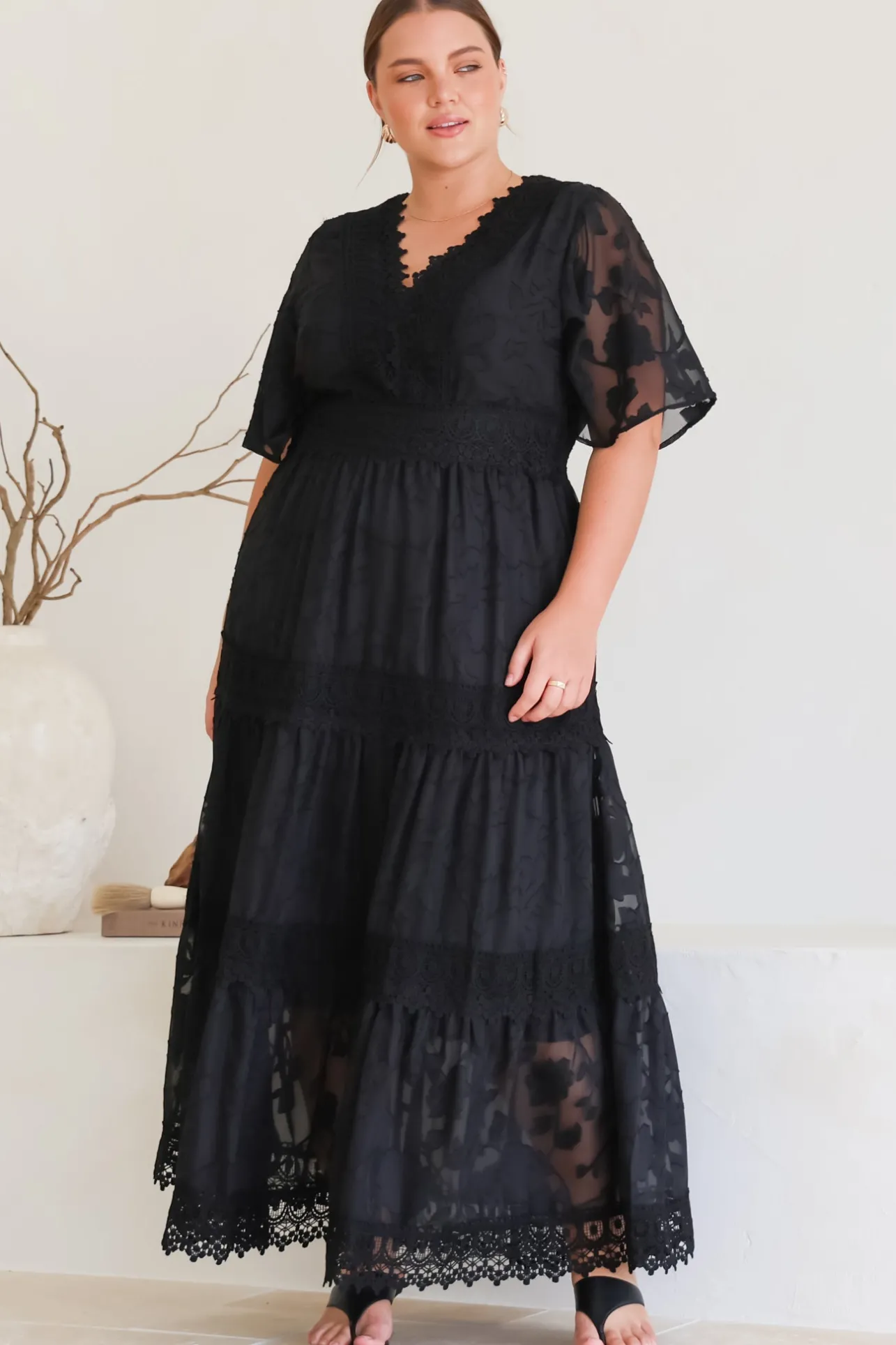 Madeline Maxi Dress - Lace Trim Embroidered A Line Dress in Black>Salty Crush Sale