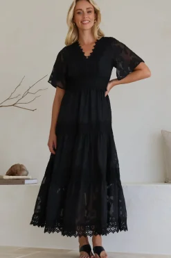 Madeline Maxi Dress - Lace Trim Embroidered A Line Dress in Black><noscript><img width=