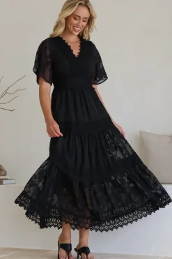 Madeline Maxi Dress - Lace Trim Embroidered A Line Dress in Black><noscript><img width=