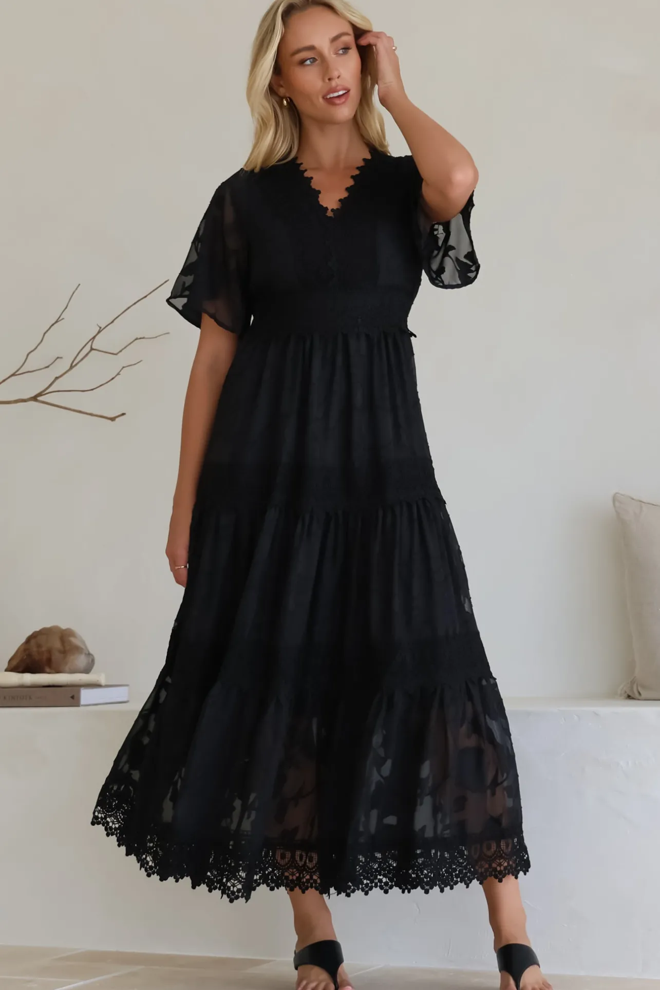 Madeline Maxi Dress - Lace Trim Embroidered A Line Dress in Black>Salty Crush Sale