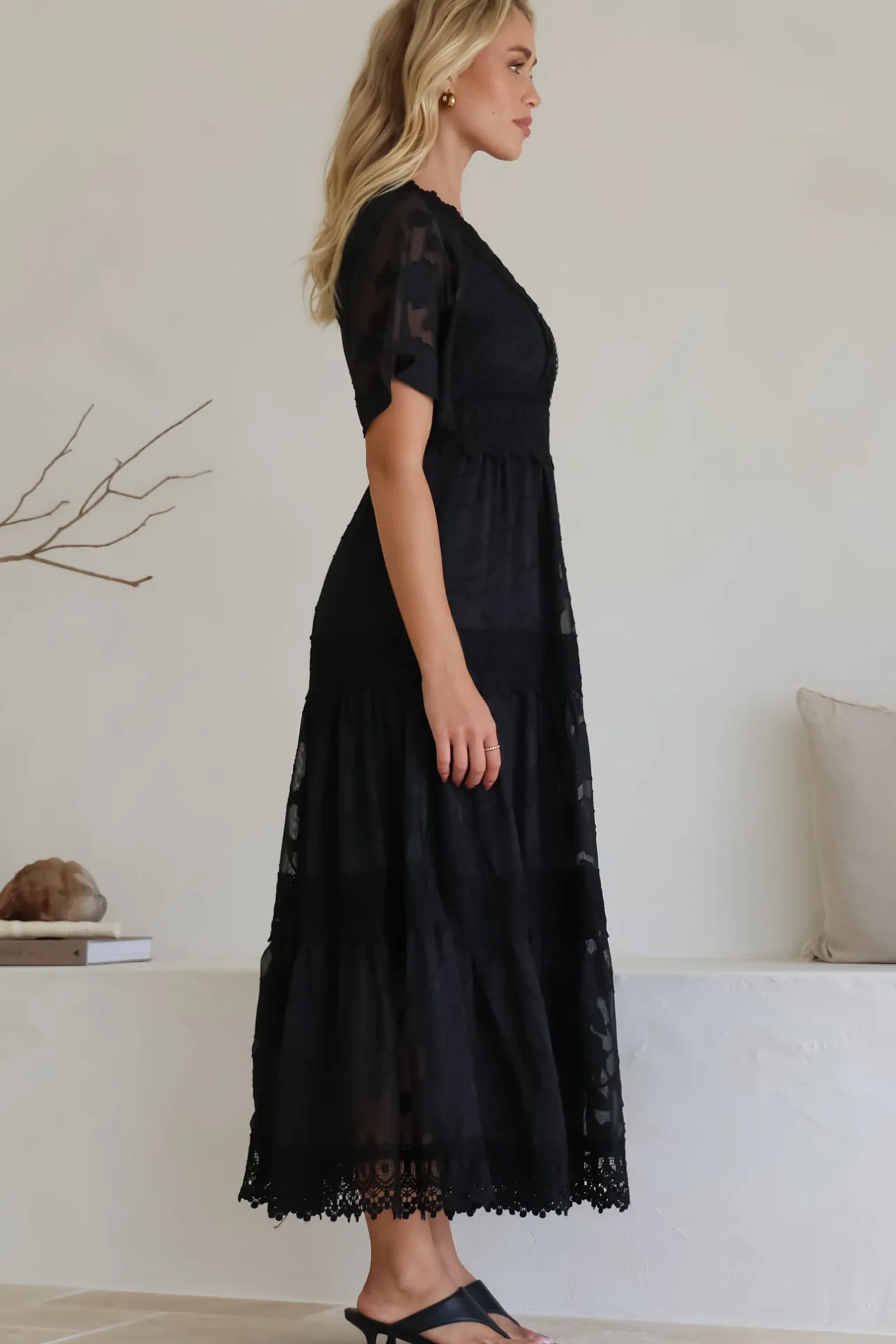 Madeline Maxi Dress - Lace Trim Embroidered A Line Dress in Black>Salty Crush Sale