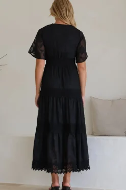 Madeline Maxi Dress - Lace Trim Embroidered A Line Dress in Black><noscript><img width=
