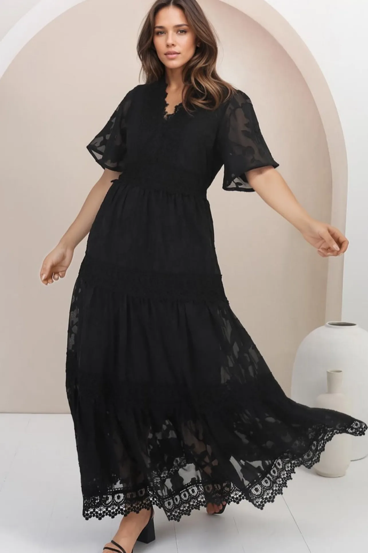 Madeline Maxi Dress - Lace Trim Embroidered A Line Dress in Black>Salty Crush Sale