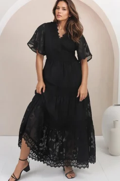 Madeline Maxi Dress - Lace Trim Embroidered A Line Dress in Black><noscript><img width=