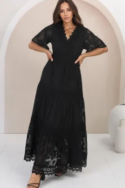 Madeline Maxi Dress - Lace Trim Embroidered A Line Dress in Black><noscript><img width=