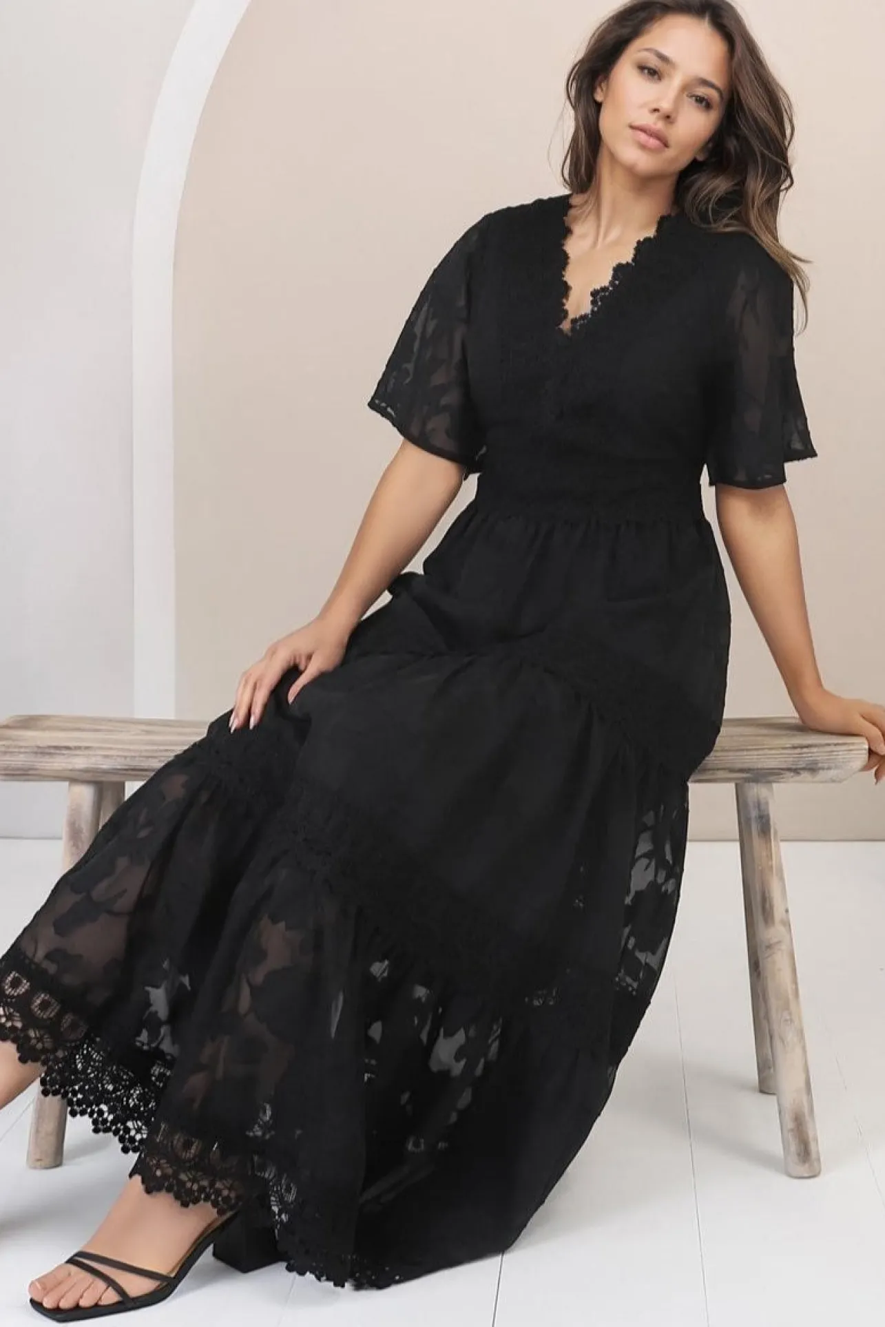Madeline Maxi Dress - Lace Trim Embroidered A Line Dress in Black>Salty Crush Sale