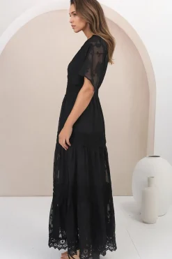 Madeline Maxi Dress - Lace Trim Embroidered A Line Dress in Black><noscript><img width=