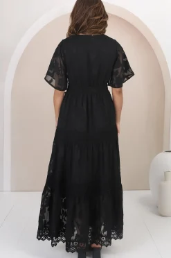 Madeline Maxi Dress - Lace Trim Embroidered A Line Dress in Black><noscript><img width=