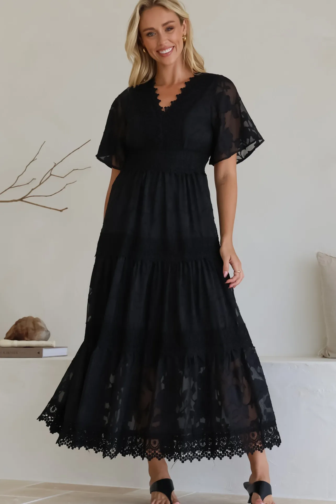Madeline Maxi Dress - Lace Trim Embroidered A Line Dress in Black>Salty Crush Sale