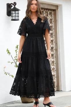 Madeline Maxi Dress - Lace Trim Embroidered A Line Dress in Black><noscript><img width=