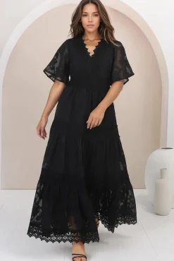 Madeline Maxi Dress - Lace Trim Embroidered A Line Dress in Black><noscript><img width=