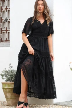 Madeline Maxi Dress - Lace Trim Embroidered A Line Dress in Black><noscript><img width=