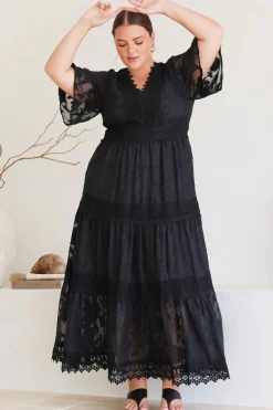 Madeline Maxi Dress - Lace Trim Embroidered A Line Dress in Black><noscript><img width=