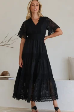 Madeline Maxi Dress - Lace Trim Embroidered A Line Dress in Black><noscript><img width=