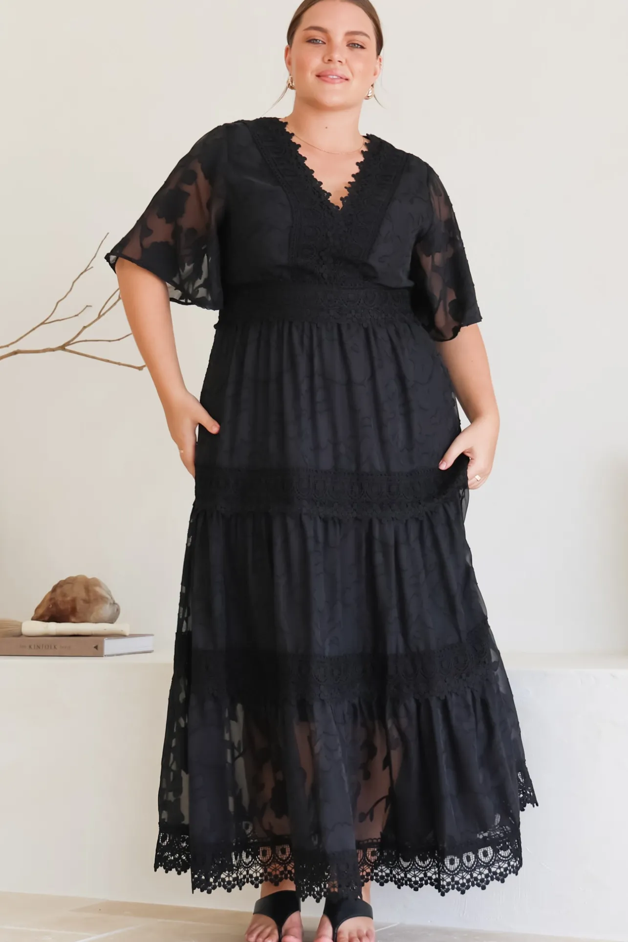 Madeline Maxi Dress - Lace Trim Embroidered A Line Dress in Black>Salty Crush Sale