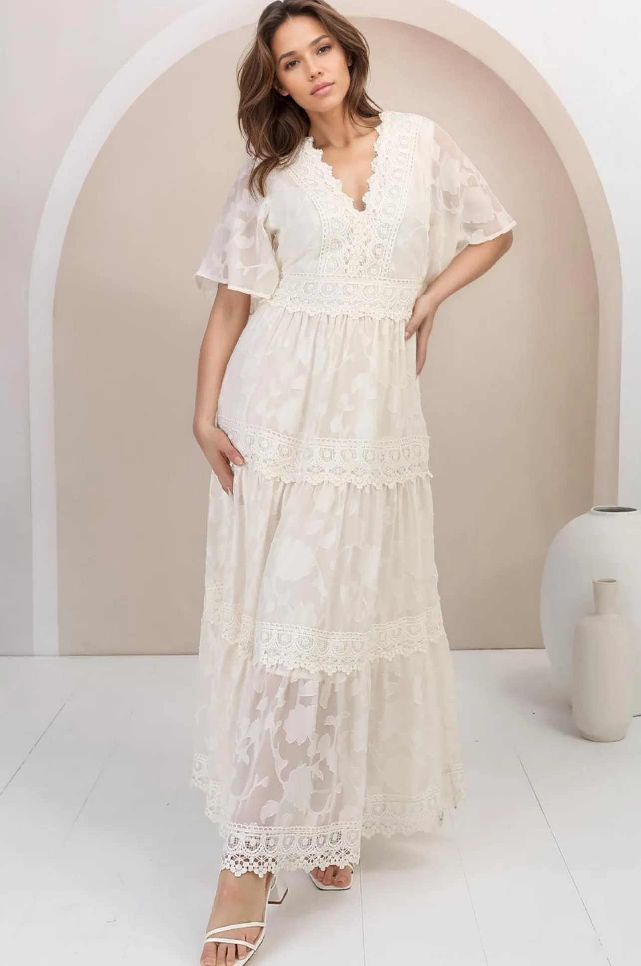 Madeline Maxi Dress - Lace Trim Embroidered A Line Dress in Cream>Salty Crush New