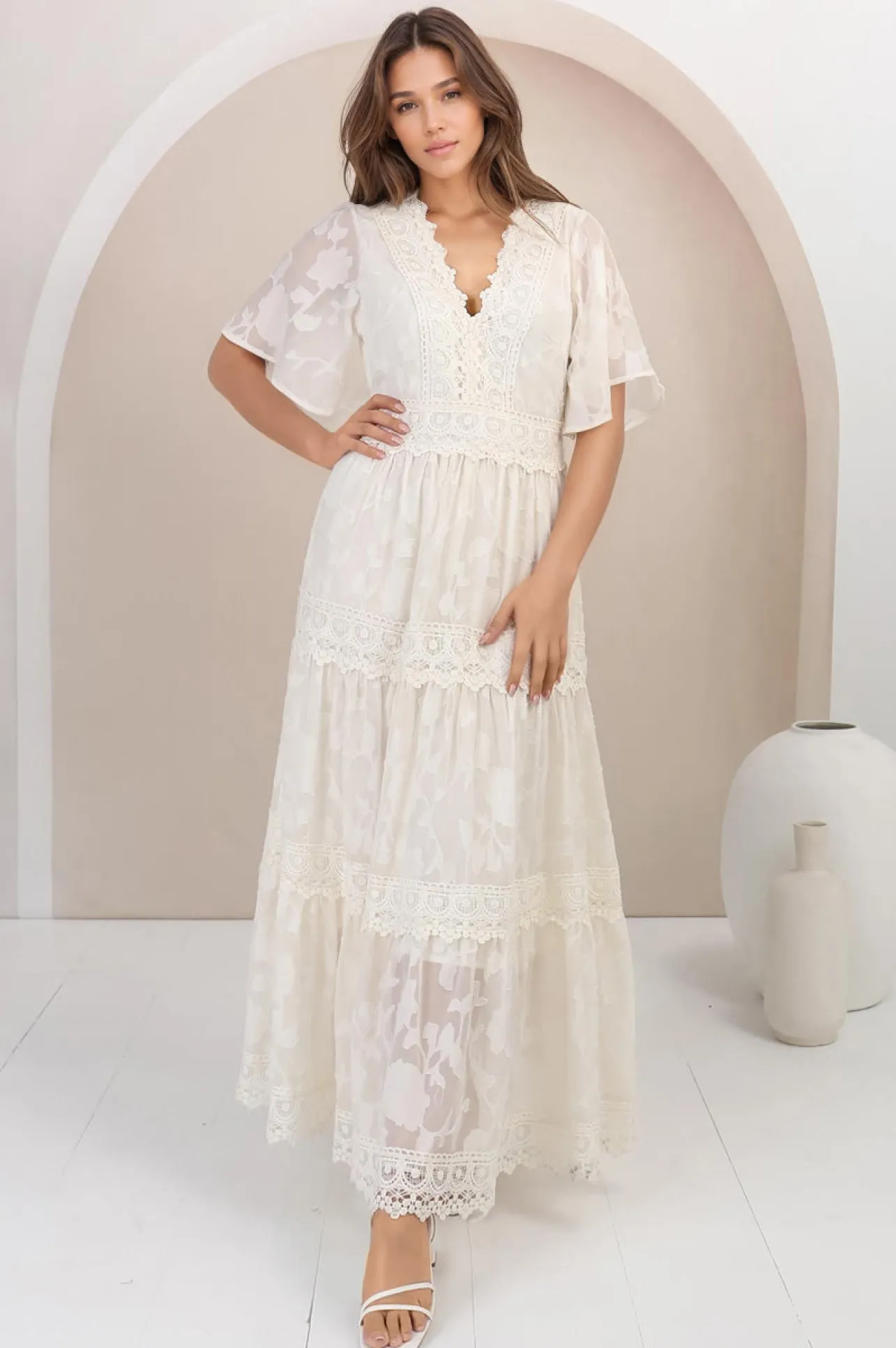 Madeline Maxi Dress - Lace Trim Embroidered A Line Dress in Cream>Salty Crush New
