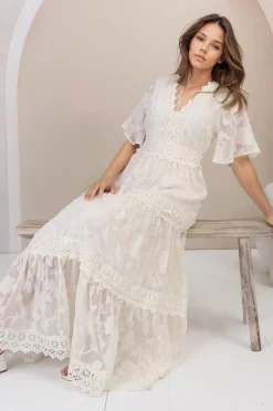Madeline Maxi Dress - Lace Trim Embroidered A Line Dress in Cream><noscript><img width=