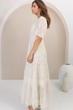 Madeline Maxi Dress - Lace Trim Embroidered A Line Dress in Cream><noscript><img width=