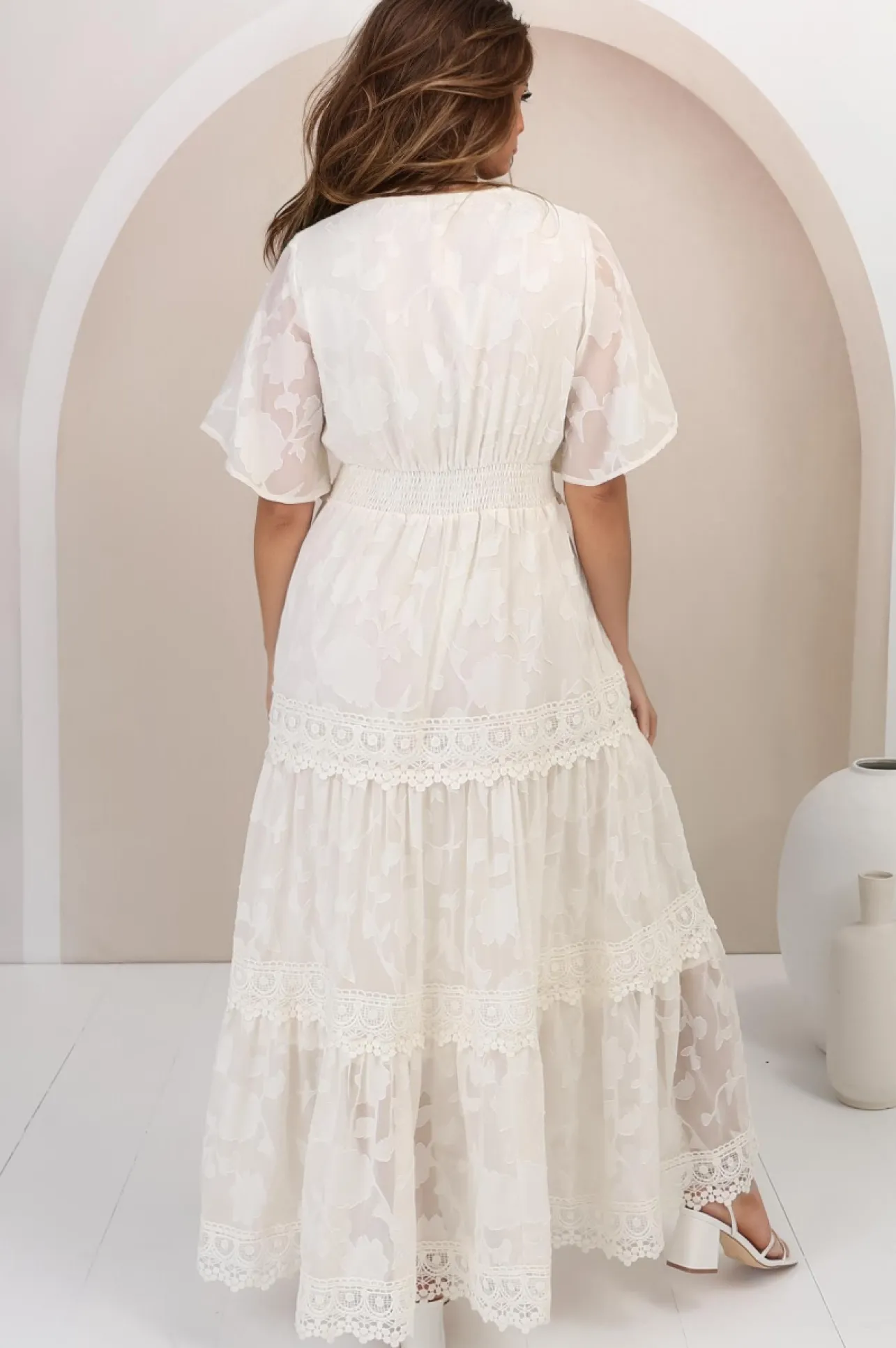 Madeline Maxi Dress - Lace Trim Embroidered A Line Dress in Cream>Salty Crush New