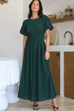 Maeana Maxi Dress - Short Balloon Sleeeve Elasticated Waist A Line Dress in Emerald><noscript><img width=