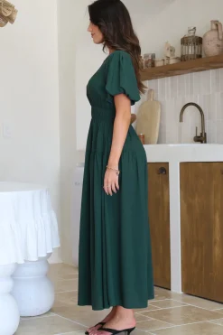 Maeana Maxi Dress - Short Balloon Sleeeve Elasticated Waist A Line Dress in Emerald><noscript><img width=