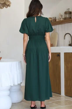 Maeana Maxi Dress - Short Balloon Sleeeve Elasticated Waist A Line Dress in Emerald><noscript><img width=