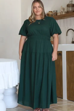 Maeana Maxi Dress - Short Balloon Sleeeve Elasticated Waist A Line Dress in Emerald><noscript><img width=