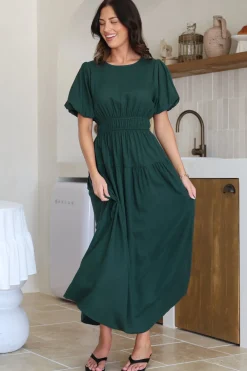Maeana Maxi Dress - Short Balloon Sleeeve Elasticated Waist A Line Dress in Emerald><noscript><img width=