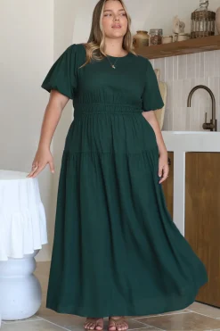 Maeana Maxi Dress - Short Balloon Sleeeve Elasticated Waist A Line Dress in Emerald><noscript><img width=
