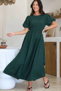 Maeana Maxi Dress - Short Balloon Sleeeve Elasticated Waist A Line Dress in Emerald><noscript><img width=