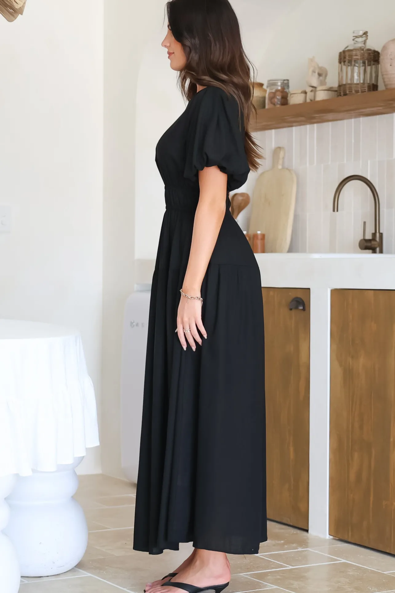 Maeana Maxi Dress - Short Balloon Sleeeve Elasticated Waist A Line Dress in Black>Salty Crush New