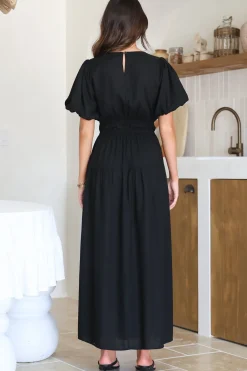 Maeana Maxi Dress - Short Balloon Sleeeve Elasticated Waist A Line Dress in Black><noscript><img width=