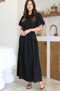 Maeana Maxi Dress - Short Balloon Sleeeve Elasticated Waist A Line Dress in Black><noscript><img width=